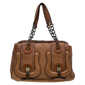 Pre Owned Fendi Brown Leather Trim B Tote