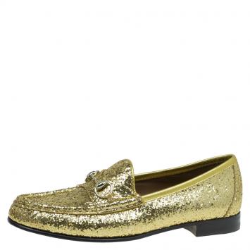 Pre Owned Gucci Gold Glitter Fabric and Leather Horsebit Loafers Size 37.5