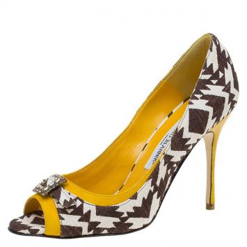 Pre Owned Manolo Blahnik Tricolor Printed Canvas Crystal Buckle Peep Toe Pumps Size 37.5