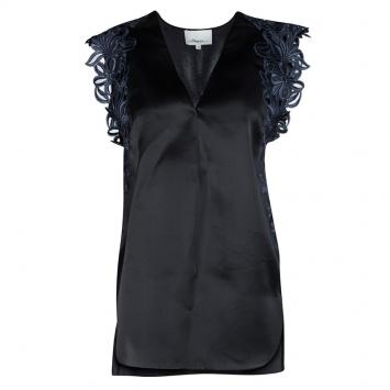 Pre Owned 3.1 Phillip Lim Black and Navy Blue Floral Lace Trim Detail Oversized Silk Top M