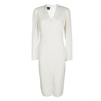 Pre Owned Akris Cream Wool Sheer Sleeve Detail V-Neck Dress L