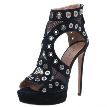 Pre Owned Azzedine Alaïa Black Suede Cutout Platform Sandals Size 37