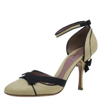 Pre Owned Azzedine Alaia Beige Raffia Bow Detail D'Orsay Ankle Strap Pumps Size 38.5
