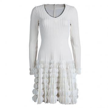 Pre Owned Alaia Cream Knit Textured Surface Detail Long Sleeve Dress M