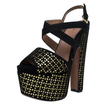 Pre Owned Azzedine Alaia Black and Metallic Gold Suede Cutout Platform Sandals Size 38