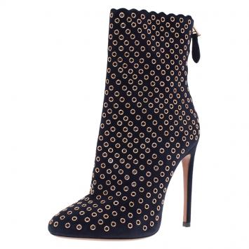 Pre Owned Alaia Black Suede Eyelet Ankle Boots Size 38.5