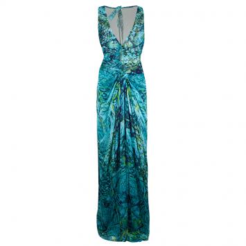 Pre Owned Alberta Ferretti Turquoise Printed Mesh Insert Ruched Sleeveless Gown L