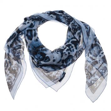Pre Owned Alexander McQueen Blue Chiffon Animalier Skull Square Scarf