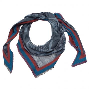 Pre Owned Alexander McQueen Grey Modal Cashmere Skull Triangle Kefia