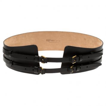 Pre Owned Alexander McQueen Black Leather Wide Waist Belt 90CM