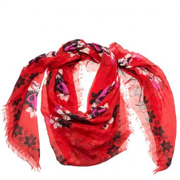 Pre Owned Alexander McQueen Red Floral Skull Square Scarf