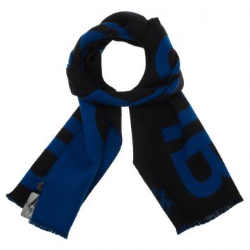 Pre Owned Alexander McQueen Blue and Black Honour Print Wool Stole