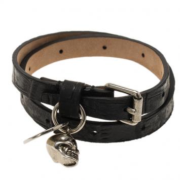 Pre Owned Alexander McQueen Skull Charm Black Leather Double Wrap Bracelet