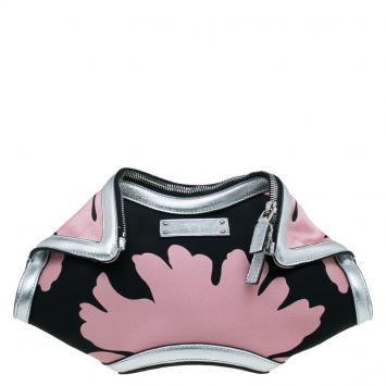 Pre Owned Alexander McQueen Black/Pink Satin Small Floral De Manta Clutch
