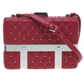 Pre Owned Alexander McQueen Red Quilted Leather Studded Caged Box Clutch