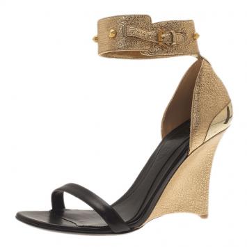 Pre Owned Alexander McQueen Two Tone Leather Studded Ankle Strap Wedges Size 40