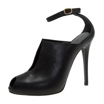 Pre Owned Alexander McQueen Black Leather Cutout Ankle Strap Booties Size 39