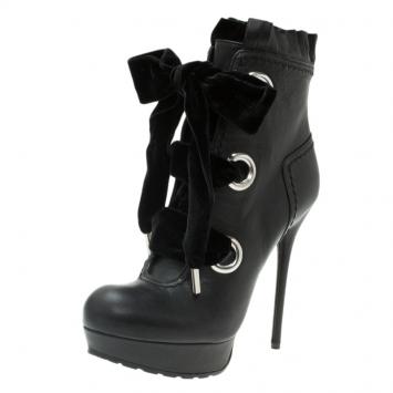 Pre Owned Alexander McQueen Black Leather and Velvet Lace Up Platform Ankle Boots Size 38.5