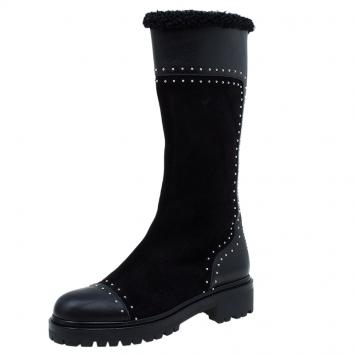 Pre Owned Alexander McQueen Black Suede and Leather Studded Shearling Fur-Lined Mid Calf Boots Size 38