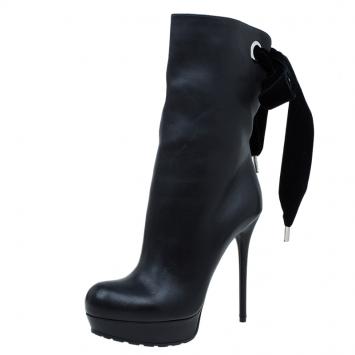 Pre Owned Alexander McQueen Black Leather Bowtie Platform Ankle Boots Size 38.5