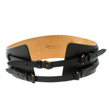 Pre Owned Alexander McQueen Black Leather Wide Waist Belt 85CM