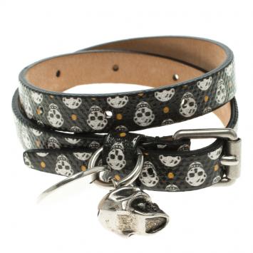 Pre Owned Alexander McQueen Black Leather Double Wrap Skull Charm Bracelet