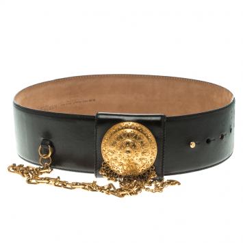 Pre Owned Alexander McQueen Black Leather Medallion Waist Belt 80 CM