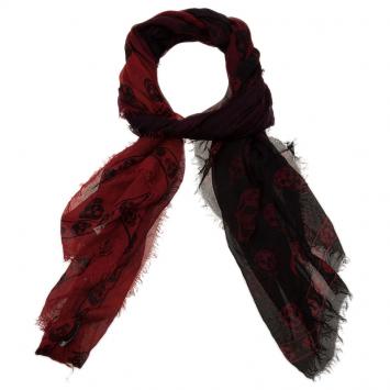 Pre Owned Alexander McQueen Black and Red Cashmere and Silk Blend Skull Scarf