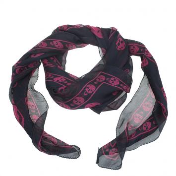 Pre Owned Alexander McQueen Black and Pink Silk Skull Print Scarf