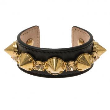 Pre Owned Alexander McQueen Black Spiked Leather Cuff Bracelet