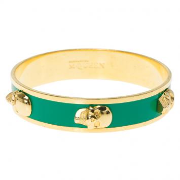 Pre Owned Alexander McQueen 3D Skull Green Gold Tone Bangle Bracelet Size 20