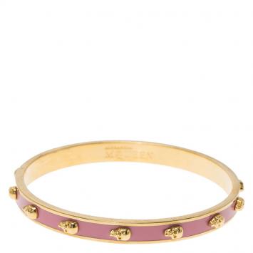 Pre Owned Alexander McQueen Skull Pink Thin Gold Tone Bracelet