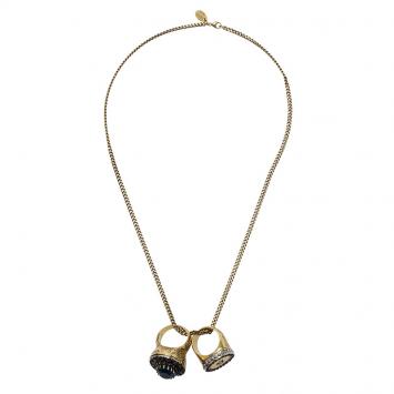 Pre Owned Alexander McQueen Multicolor Crystal Cocktail & Signet Ring Gold Tone Pendant Necklace