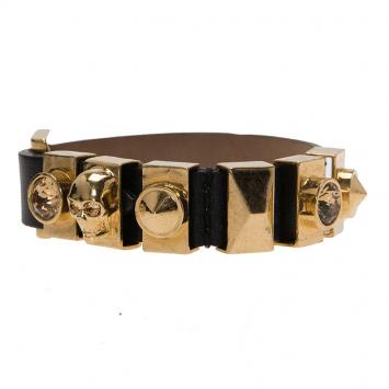Pre Owned Alexander McQueen Crystal Skull Gold Tone Loops Black Leather Bracelet One Size