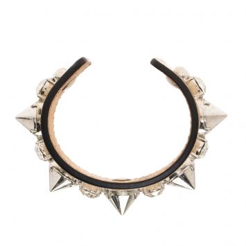Pre Owned Alexander McQueen Pink Leather Crystal Silver Tone Spiked Wide Open Cuff Bracelet 16cm
