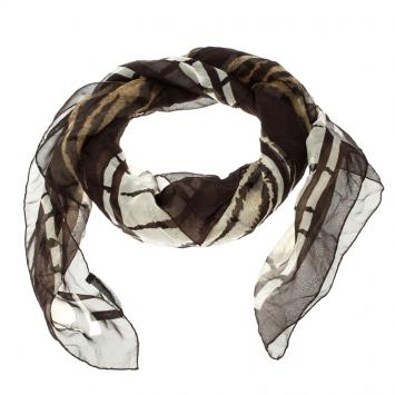 Pre Owned Alexander McQueen Brown Animal Print Silk Chiffon Square Scarf