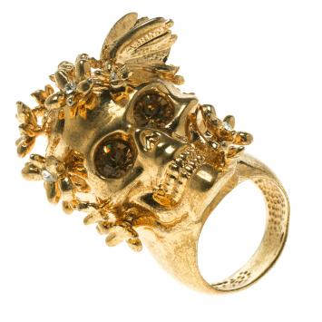 Pre Owned Alexander McQueen Butterfly and Flower Gold Tone Skull Ring Size 50