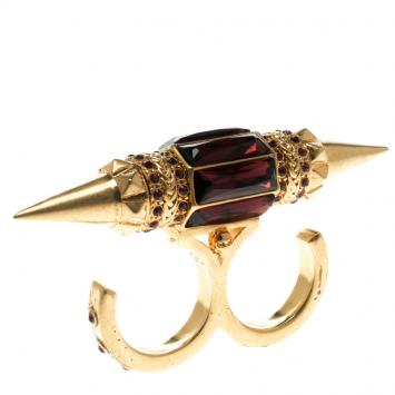 Pre Owned Alexander Mcqueen Crystal Spike Gold Tone Two Finger Ring Size 56