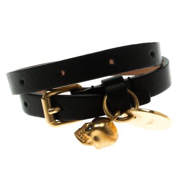 Pre Owned Alexander McQueen Black Leather Gold Tone Skull Charm Double Wrap Bracelet