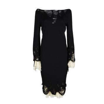 Pre Owned Alexander McQueen Black Wool Plisse Underlay Distressed Dress L