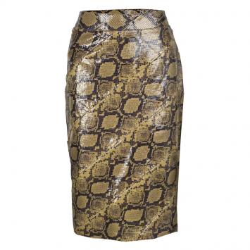 Pre Owned Alexander McQueen Mustard Brown Snakeskin Pattern Patent Leather Pencil Skirt M