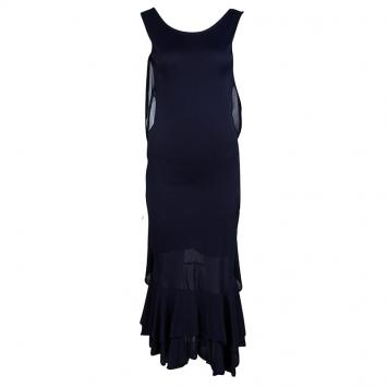 Pre Owned Alexander McQueen Navy Blue Knit Draped Back Ruffle Bottom Dress S