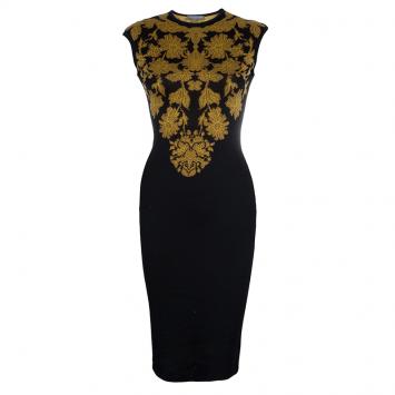 Pre Owned Alexander McQueen Black Floral Pattern Knit Sleeveless Bodycon Dress S