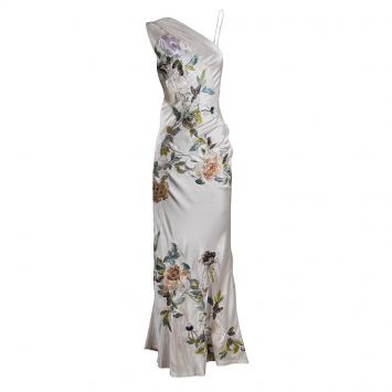 Pre Owned Alexander McQueen Beige Embroidered Silk One Shoulder Draped Sleeve Detail Gown S