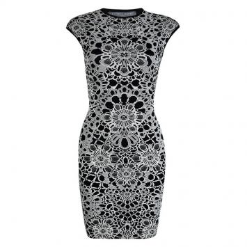 Pre Owned Alexander McQueen Monochrome Floral Jacquard Knit Sleeveless Bodycon Dress XS