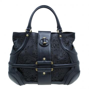 Pre Owned Alexander McQueen Black Leather Butterfly Perforated Novak Tote