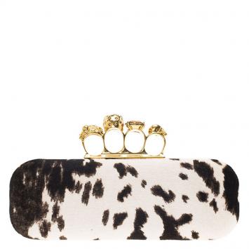 Pre Owned Alexander McQueen Black/White Calf Hair Skull Knuckle Box Clutch