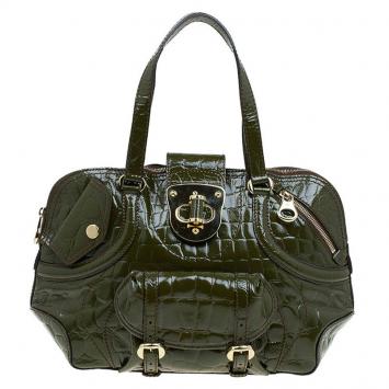 Pre Owned Alexander Mcqueen Olive Green Crocodie Embossed Flapper Satchel