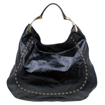 Pre Owned Alexander Mcqueen Black Patent Leather Wishbone Hobo