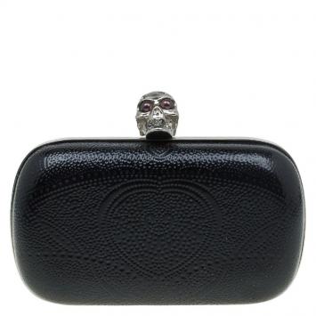 Pre Owned Alexander McQueen Black Patent Leather Dotted Embossed Skull Box Clutch